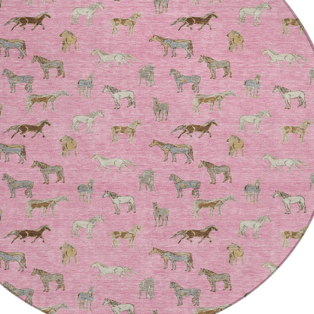HomeRoots 8 Ft Round Horse Motif Washable Polyester Indoor Outdoor Rug for Patio or Family Rooms 728794