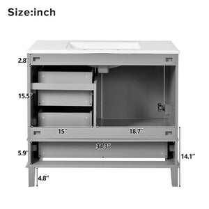English Elm 36" Grey Bathroom Vanity Solid Pine Frame with Soft-Close Door, 3 Drawers, Ceramic Top, Modern Durability and Storage (36"W) N729P211167E