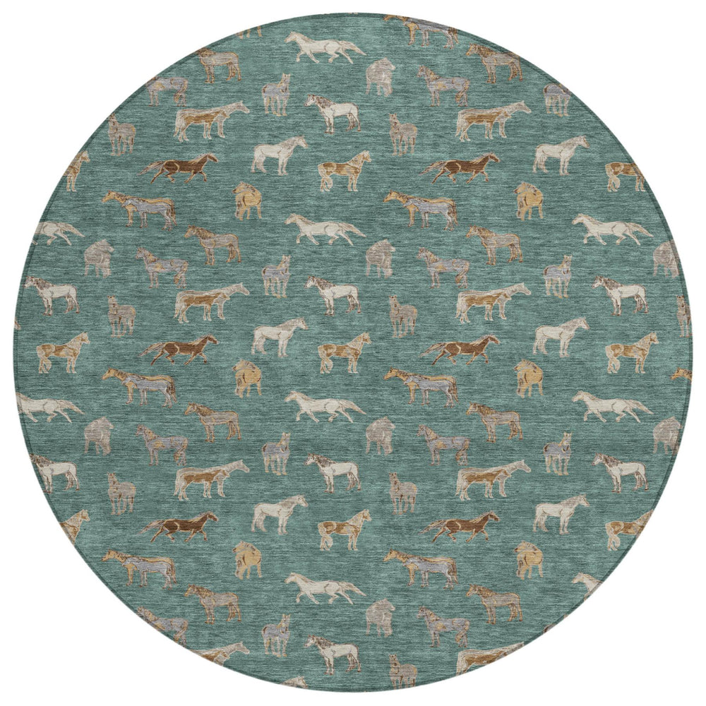 HomeRoots 8 Ft Round Horse Motif Polyester Area Rug Washable Indoor Outdoor Patio Foyer 728800
