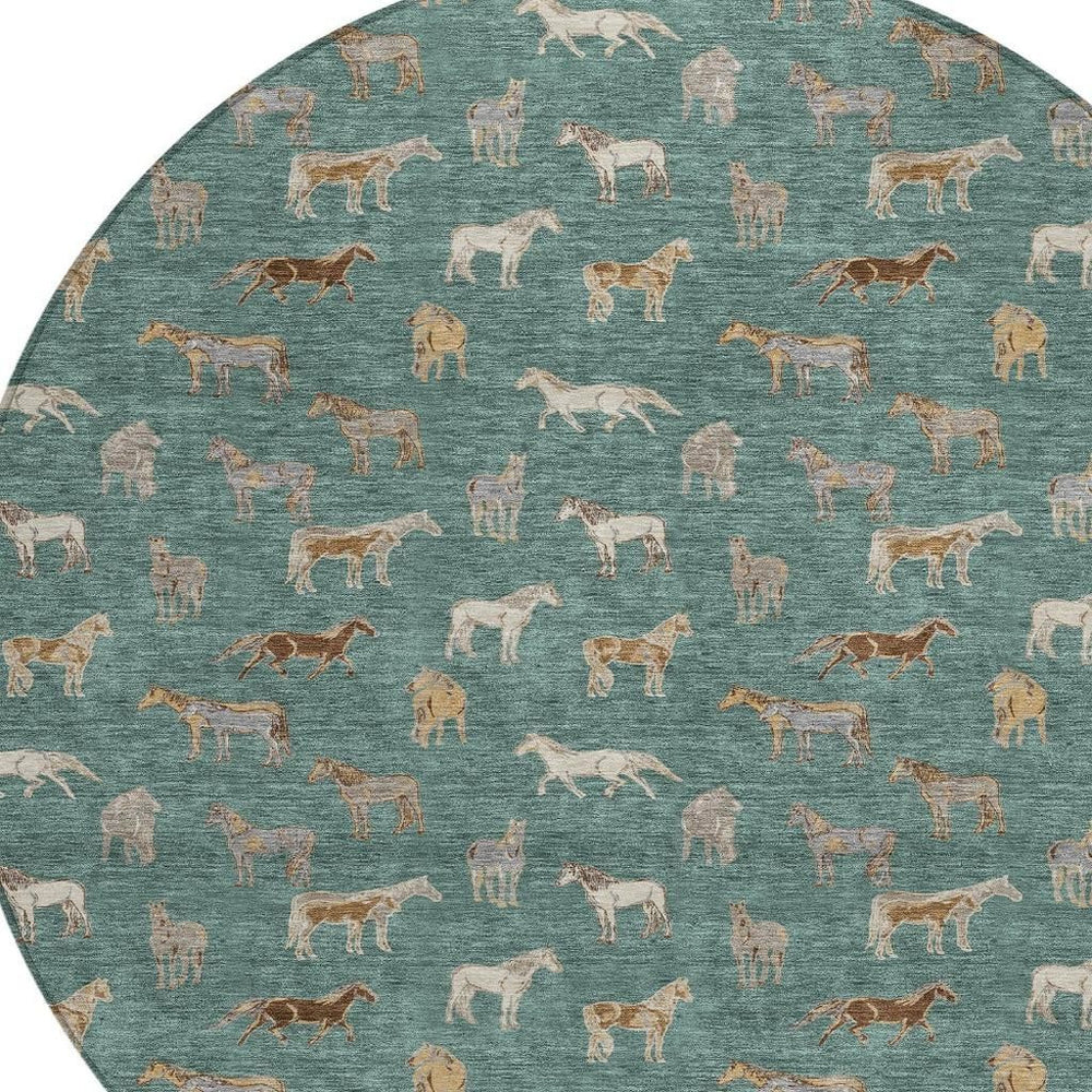 HomeRoots 8 Ft Round Horse Motif Polyester Area Rug Washable Indoor Outdoor Patio Foyer 728800