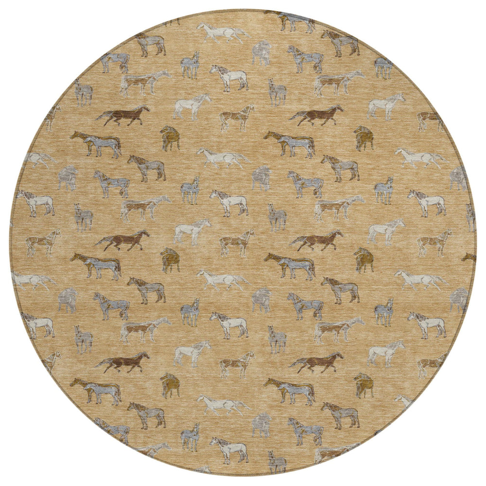 HomeRoots 8 Foot Round Horse Motif Polyester Area Rug Washable Indoor Outdoor Patio Gold Beige 728806