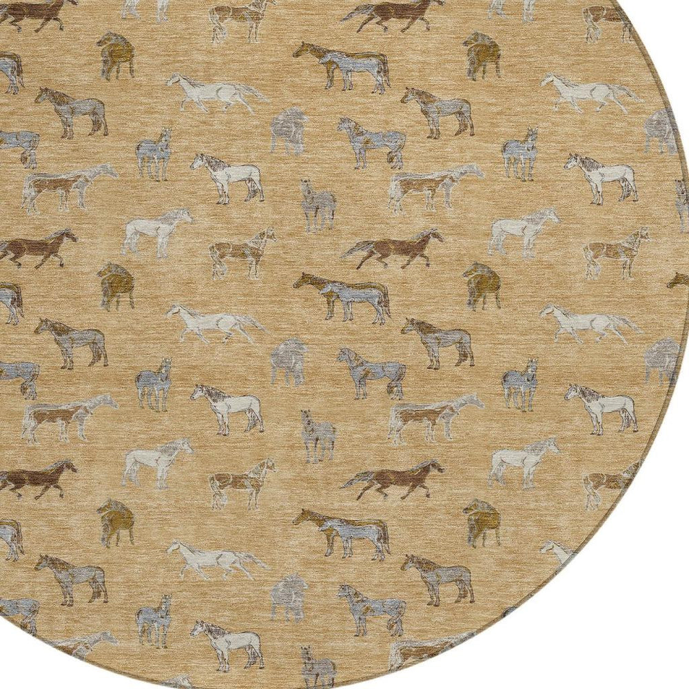 HomeRoots 8 Foot Round Horse Motif Polyester Area Rug Washable Indoor Outdoor Patio Gold Beige 728806