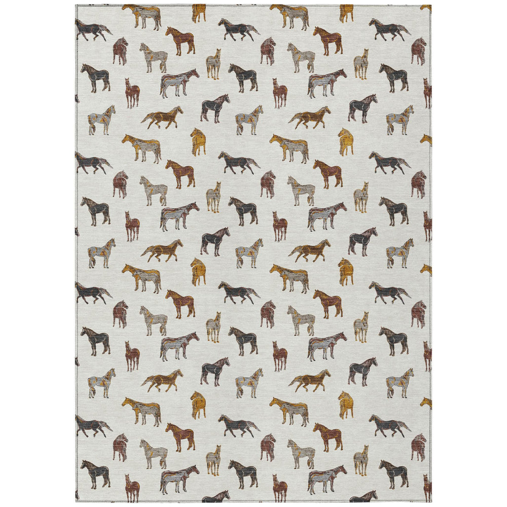 HomeRoots Ivory Gold Horse Motif Washable Polyester Area Rug for Indoor Outdoor Living Spaces 5' x 8' 728811