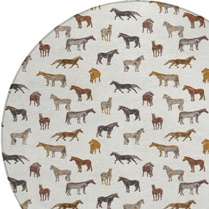 8 Foot Round Horse Motif Washable Polyester Area Rug for Indoor Outdoor Spaces
