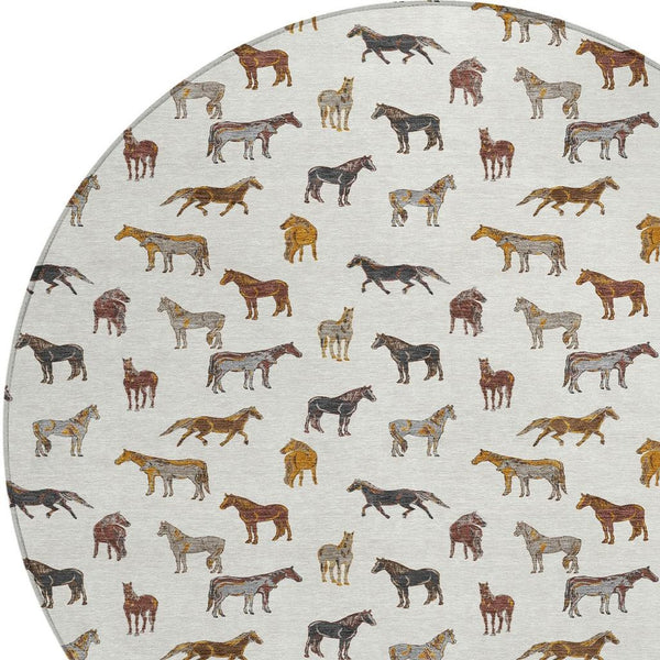 8 Foot Round Horse Motif Washable Polyester Area Rug for Indoor Outdoor Spaces