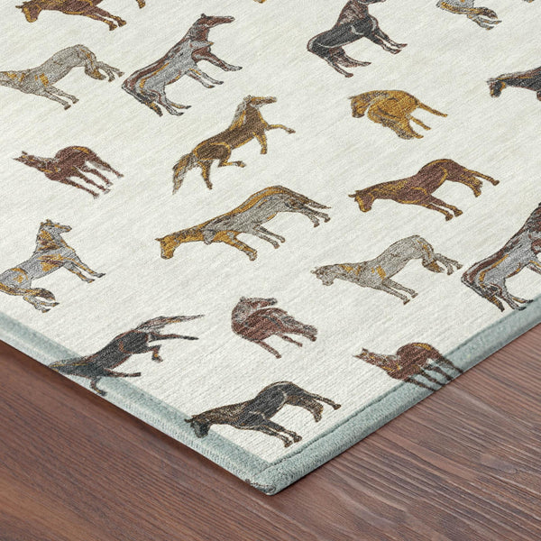 8 Foot Round Horse Motif Washable Polyester Area Rug for Indoor Outdoor Spaces