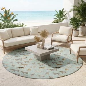 8 Ft Round Horse Motif Washable Polyester Area Rug for Patio Porch or Playroom