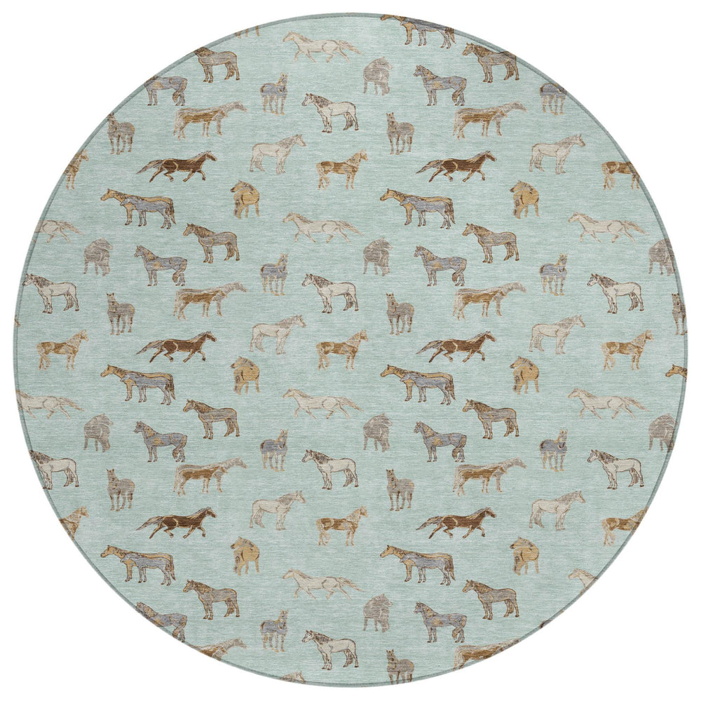 HomeRoots 8 Ft Round Horse Motif Washable Polyester Area Rug for Patio Porch or Playroom 728818