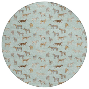HomeRoots 8 Ft Round Horse Motif Washable Polyester Area Rug for Patio Porch or Playroom 728818