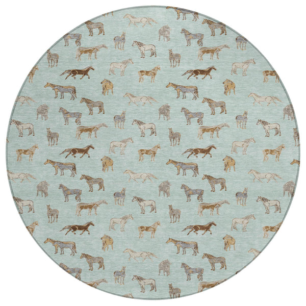 HomeRoots 8 Ft Round Horse Motif Washable Polyester Area Rug for Patio Porch or Playroom 728818