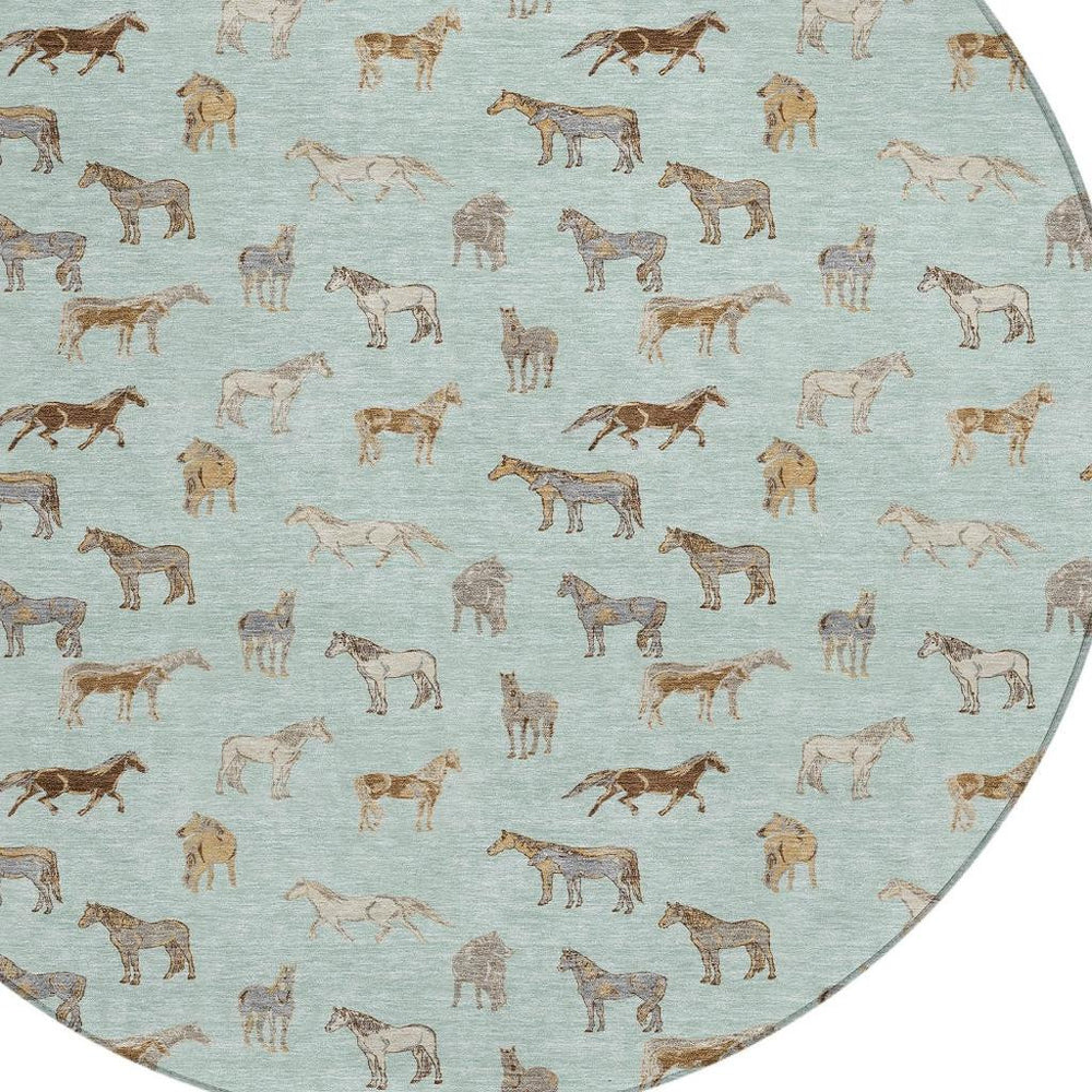 HomeRoots 8 Ft Round Horse Motif Washable Polyester Area Rug for Patio Porch or Playroom 728818