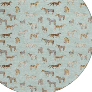 8 Ft Round Horse Motif Washable Polyester Area Rug for Patio Porch or Playroom