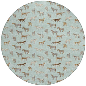 8 Ft Round Horse Motif Washable Polyester Area Rug for Patio Porch or Playroom