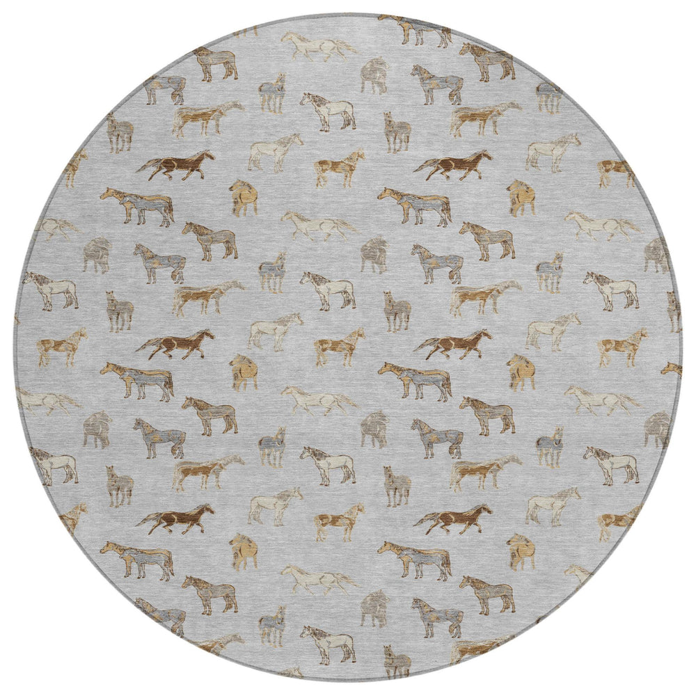 HomeRoots 8 Foot Round Horse Motif Polyester Area Rug Washable Indoor Outdoor Silver Beige 728830