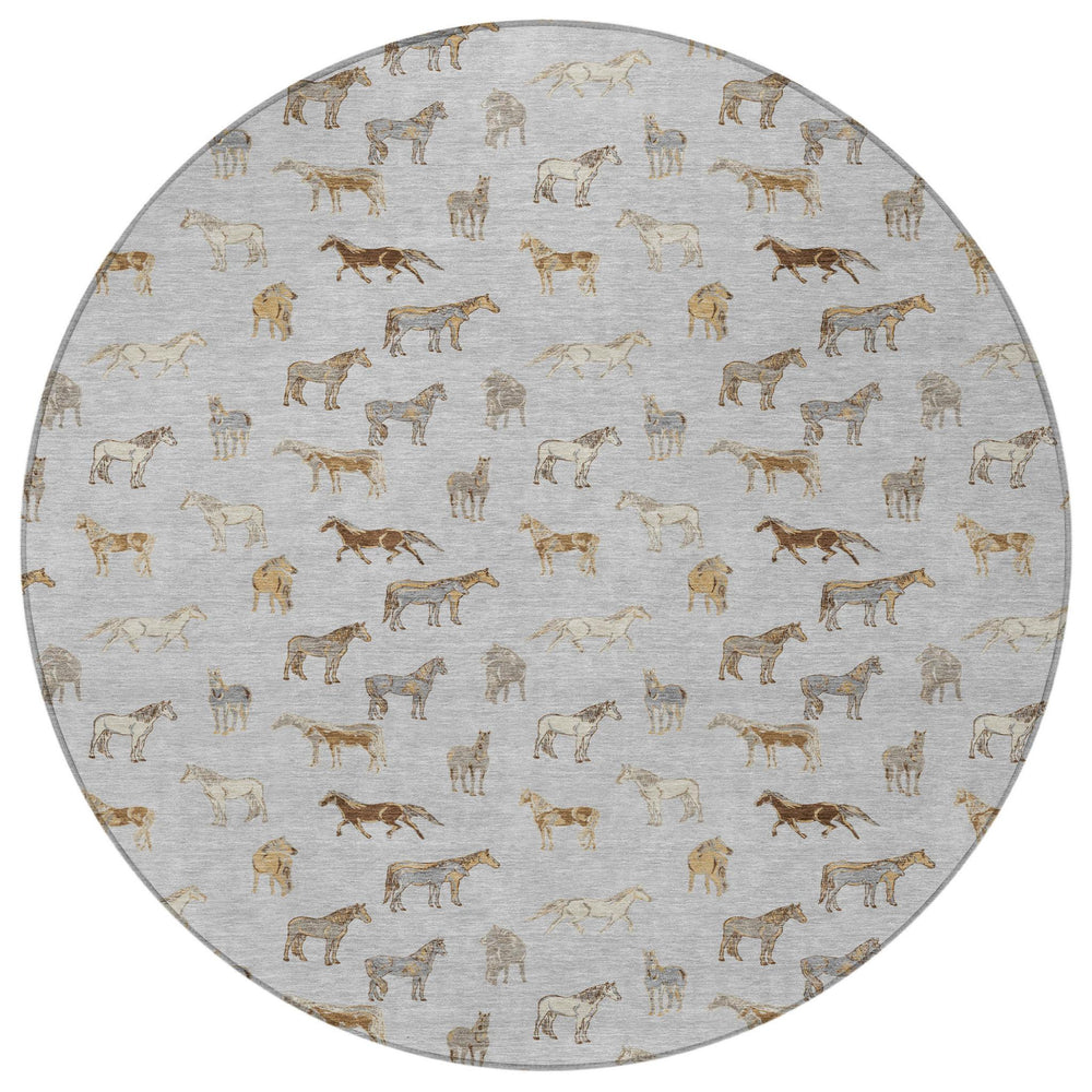 HomeRoots 8 Foot Round Horse Motif Polyester Area Rug Washable Indoor Outdoor Silver Beige 728830