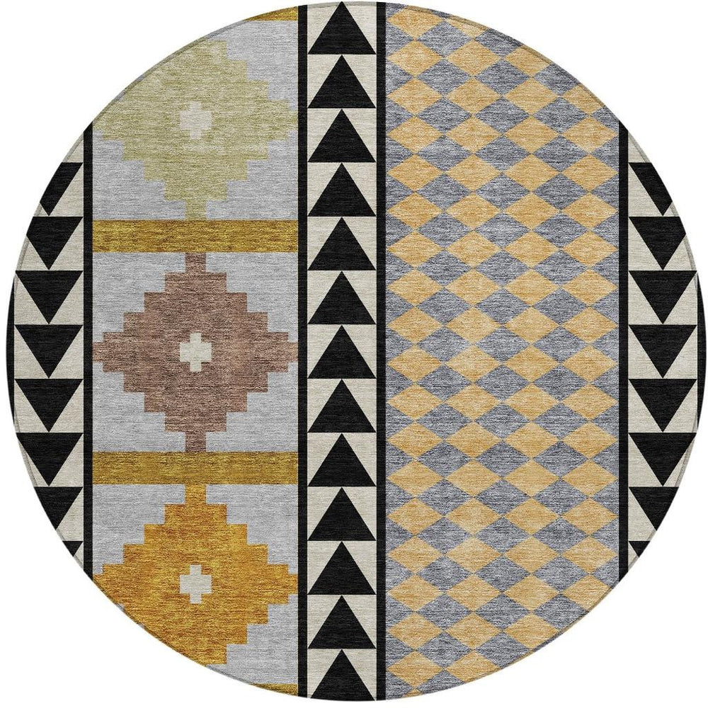 8 Ft Round Southwestern Geometric Polyester Washable Indoor Outdoor Rug Felt Back