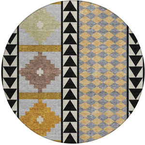 8 Ft Round Southwestern Geometric Polyester Washable Indoor Outdoor Rug Felt Back