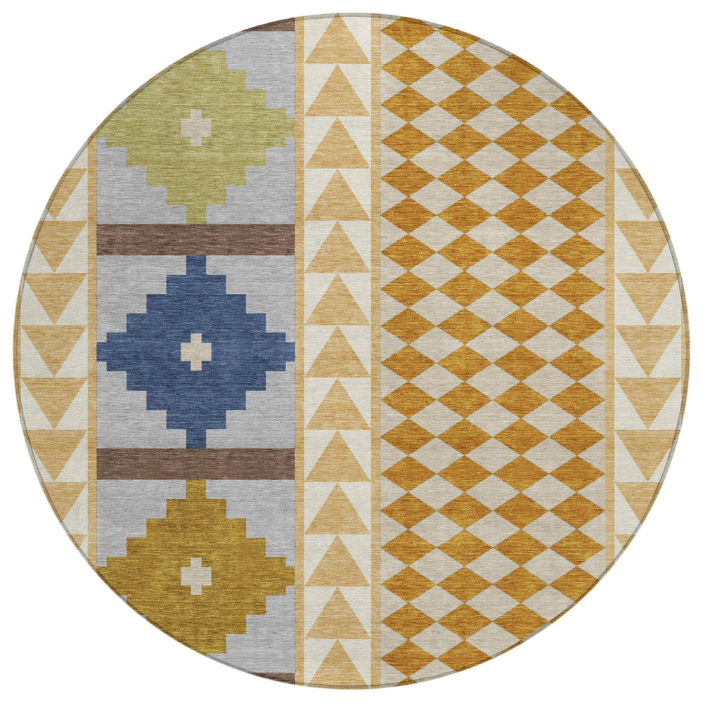 HomeRoots 8 Ft Round Southwestern Geometric Rug Washable Polyester for Patio and Kitchen 728848