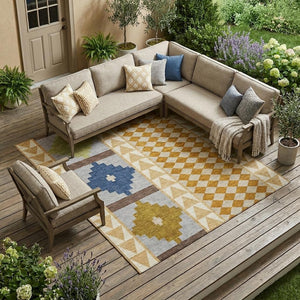 Southwestern Polyester Area Rug Washable Indoor Outdoor Low Pile Patio and Living Room Decor