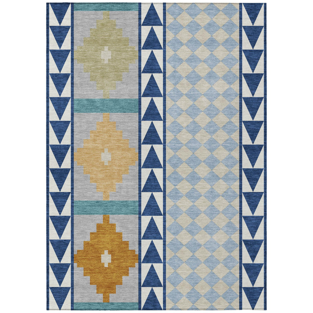 HomeRoots Southwestern Geometric Polyester Area Rug Washable Indoor Outdoor Use with Felt Backing Navy Tones 5' x 8' 728865