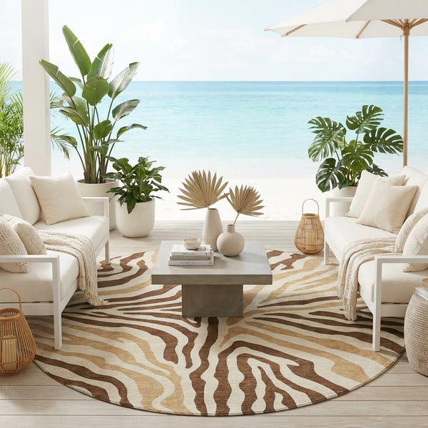 8 Foot Round Zebra Print Polyester Area Rug Washable Indoor Outdoor Patio Decor