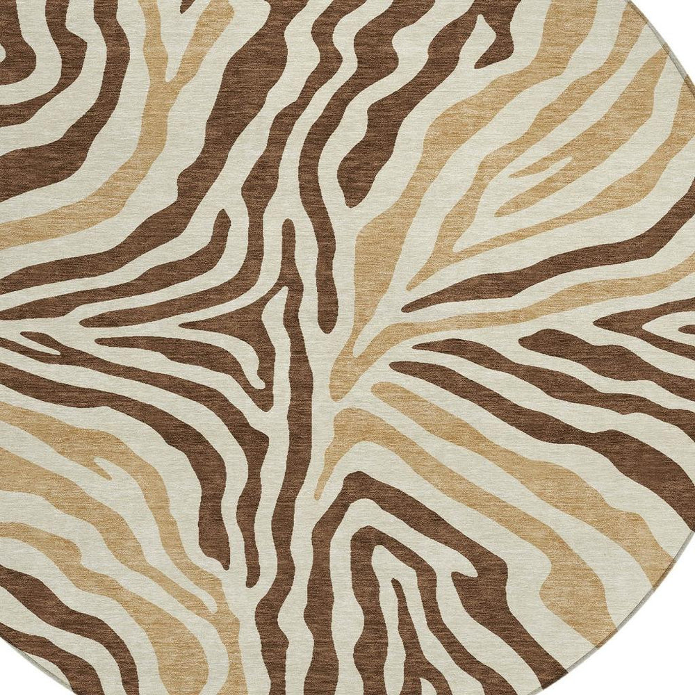 HomeRoots 8 Foot Round Zebra Print Polyester Area Rug Washable Indoor Outdoor Patio Decor 728890