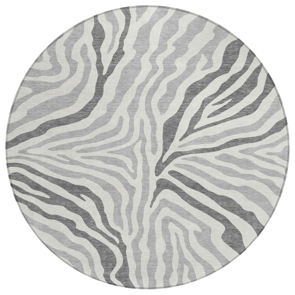 HomeRoots 8 Ft Round Zebra Print Polyester Area Rug Gray Ivory Indoor Outdoor Washable 728896
