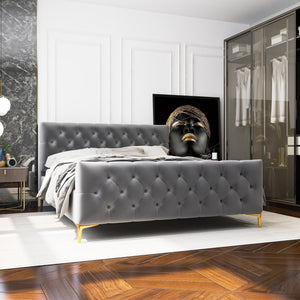 English Elm Ashcroft Furniture - Bailey Dark Grey Velvet Queen Bed – Luxurious Mid-Century Modern Design With Comfort & Style B183S00143