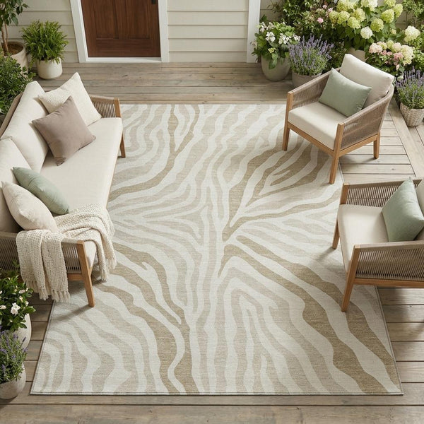 Washable Zebra Print Polyester Area Rug Low Pile for Indoor Outdoor Patios and Living Rooms