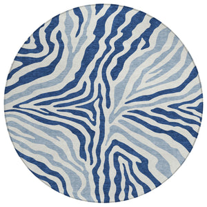 HomeRoots 8 Ft Round Zebra Print Indoor Outdoor Rug Washable Polyester Navy Ivory Patio Accent 728908