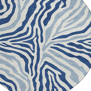 8 Ft Round Zebra Print Indoor Outdoor Rug Washable Polyester Navy Ivory Patio Accent