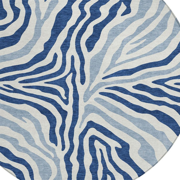 8 Ft Round Zebra Print Indoor Outdoor Rug Washable Polyester Navy Ivory Patio Accent