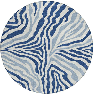 8 Ft Round Zebra Print Indoor Outdoor Rug Washable Polyester Navy Ivory Patio Accent