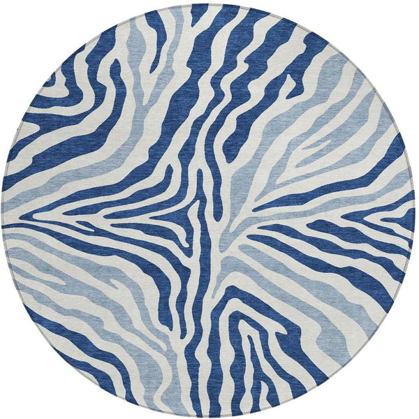 8 Ft Round Zebra Print Indoor Outdoor Rug Washable Polyester Navy Ivory Patio Accent
