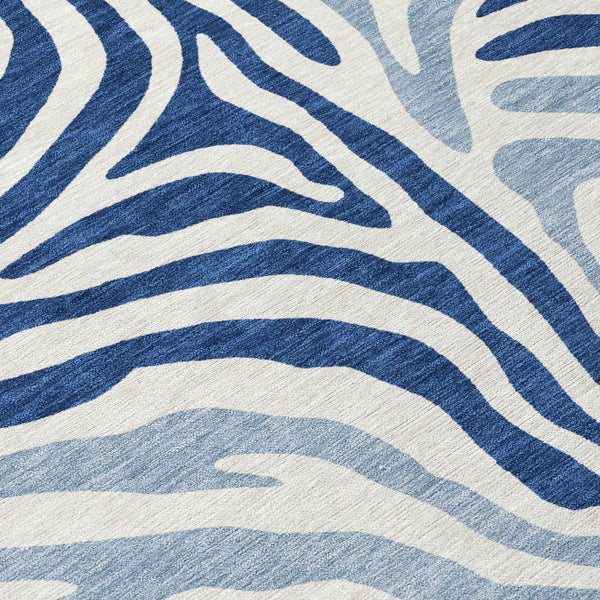 8 Ft Round Zebra Print Indoor Outdoor Rug Washable Polyester Navy Ivory Patio Accent