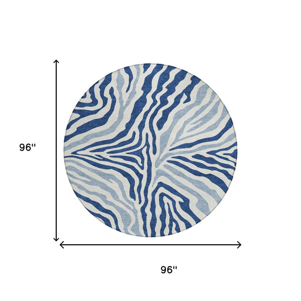 8 Ft Round Zebra Print Indoor Outdoor Rug Washable Polyester Navy Ivory Patio Accent