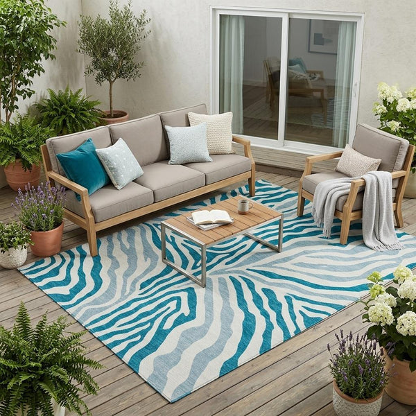 Zebra Print Washable Polyester Area Rug for Indoor Outdoor Patio and Living Room Spaces