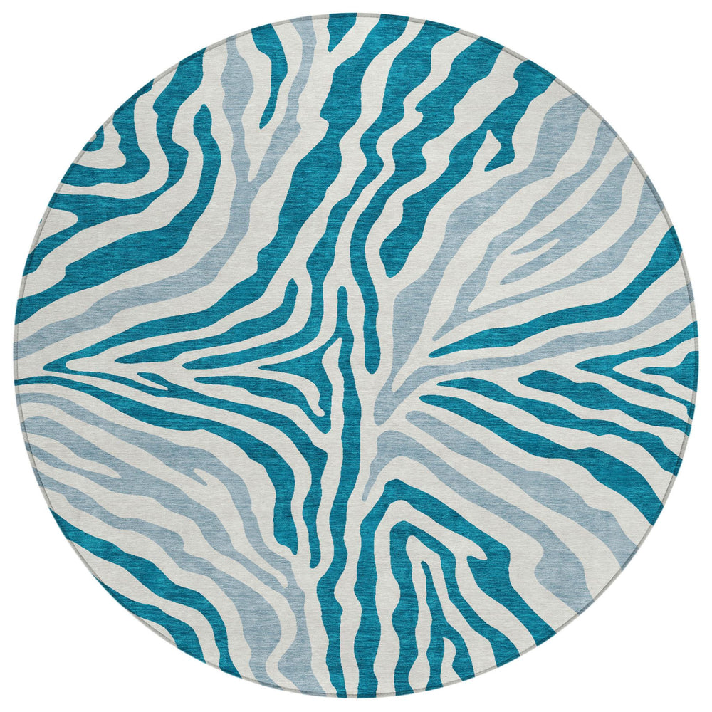 HomeRoots 8 Foot Round Zebra Print Polyester Area Rug Teal Ivory Washable Indoor Outdoor 728920