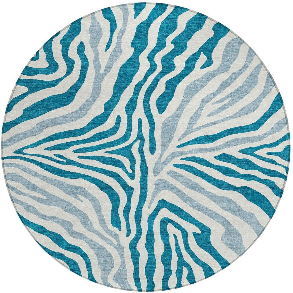 HomeRoots 8 Foot Round Zebra Print Polyester Area Rug Teal Ivory Washable Indoor Outdoor 728920
