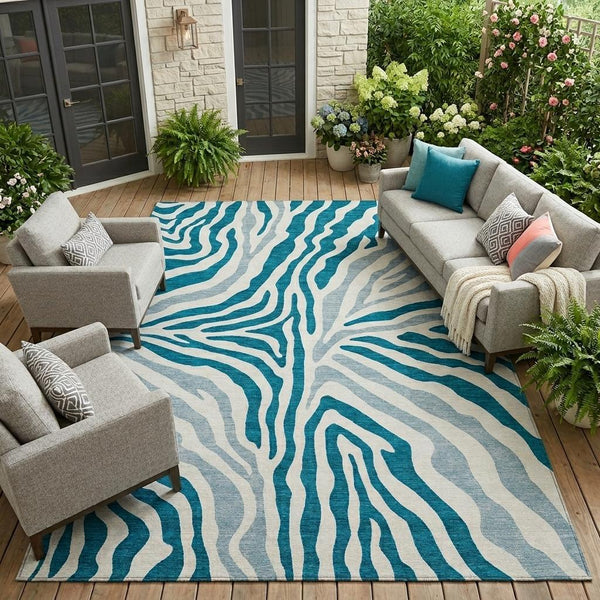 Zebra Print Washable Polyester Area Rug for Indoor Outdoor Patio and Living Room Spaces