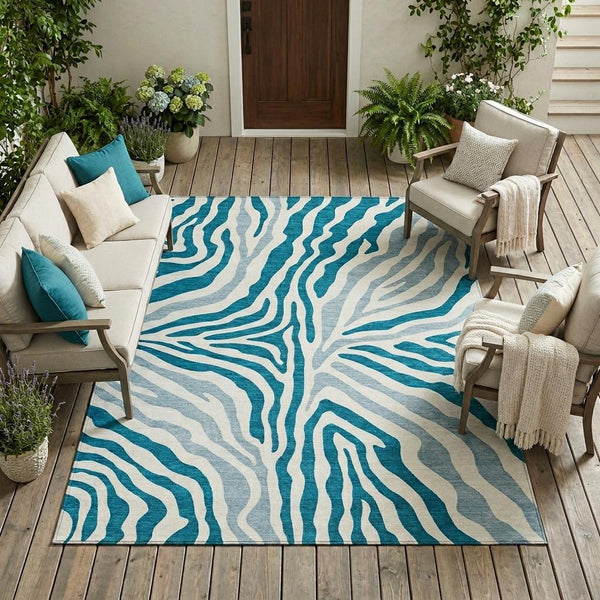 Zebra Print Washable Polyester Area Rug for Indoor Outdoor Patio and Living Room Spaces