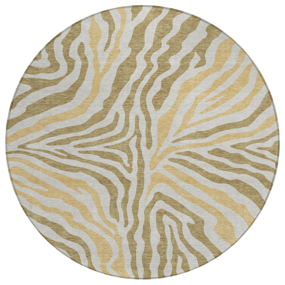 HomeRoots 8 Ft Round Zebra Print Polyester Area Rug Washable Indoor Outdoor Walnut Gold 728926