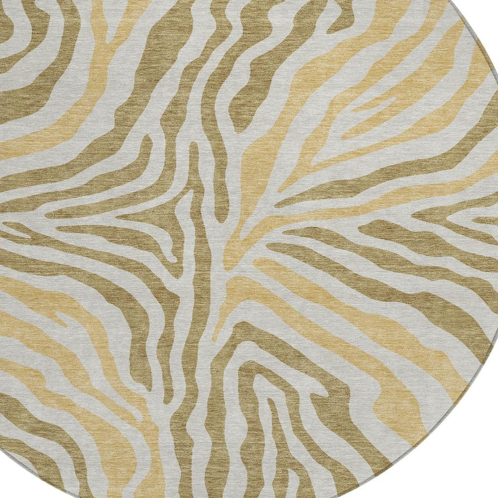 HomeRoots 8 Ft Round Zebra Print Polyester Area Rug Washable Indoor Outdoor Walnut Gold 728926