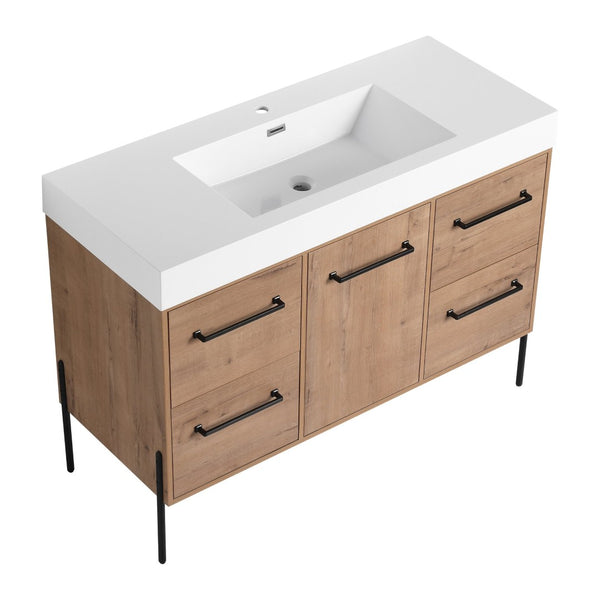 English Elm 48" Floating Bathroom Vanity Dual Ceramic Vessel Sinks Oak Finish Soft Close Doors W999S00527