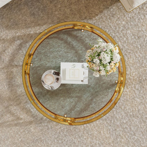 English Elm Round Tempered Glass Coffee Table with Gold Geometric Metal Base and Open Storage Shelf Transparent N735P396530K