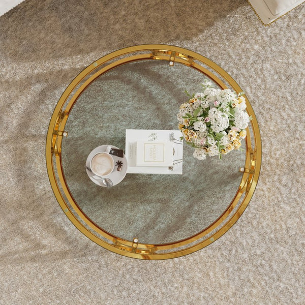 English Elm Round Tempered Glass Coffee Table with Gold Geometric Metal Base and Open Storage Shelf Transparent N735P396530K