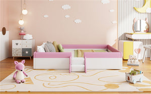 English Elm King Platform Daybed with Fence Rail and Stairs Pu Upholstered Kids Bedroom Frame SF000156AAH-1