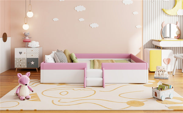 English Elm King Platform Daybed with Fence Rail and Stairs Pu Upholstered Kids Bedroom Frame SF000156AAH-1
