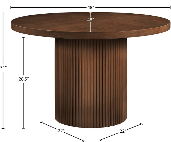 Meridian Furniture Belinda Oak Veneer Dining Table with Fluted Sculptural Base for Stylish Modern Rooms 48 inches Brown 728Brown-T