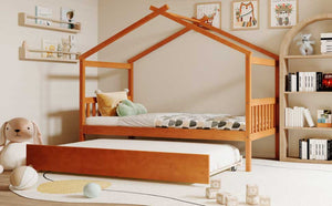 English Elm Twin House Bed with Pull Out Trundle Solid Pine Wood Frame Walnut Kids Room N708P309238L